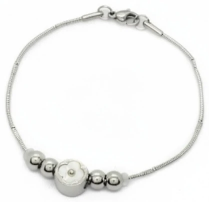 Pulsera de Acero Quirurgico eslabon cola de raton con bolitas y dije trebol blanco 19cm